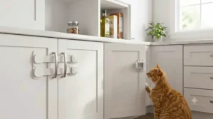 Rental-friendly adhesive cat proof cabinet locks applied to kitchen cupboards without tools or drilling.