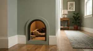 A custom painted wooden interior cat door matching the trim in a traditional home