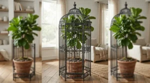 A tall decorative plant protector for cats enclosing a potted fiddle leaf fig tree