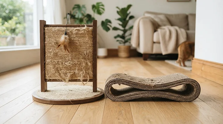 A sisal vs cardboard cat scratcher placed side by side on a modern living room floor for durability comparison.
