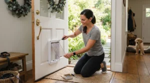 Step-by-step installation of a sliding glass cat door in a home patio entrance