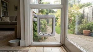 Close-up of a sliding glass cat door installed on an apartment balcony exit
