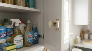 Close-up of a spring-loaded interior safety latch catching a opened cupboard door to cat proof household cleaning supplies.