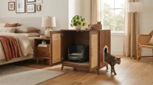 A discreet covered vs open litter box enclosure blending seamlessly into modern bedroom decor.