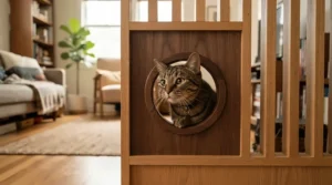 A curious tabby cat peeking its head through an interior cat door in a cozy den
