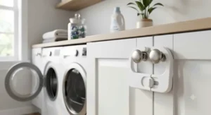 White U-shaped sliding cat proof cabinet lock secured around double cabinet knobs in a modern laundry room.
