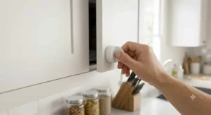 Hand using a magnetic key sensor on the outside of a white cabinet door to disengage internal cat proof latch.