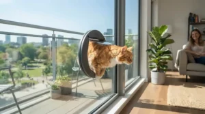 A sleek window cat door installed in a glass sliding panel with a curious feline looking outside in a bright American apartment.