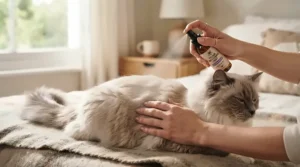 Applying a detangling cat conditioner for long-haired cats prone to matting to smooth out stubborn tangles on a Maine Coon.