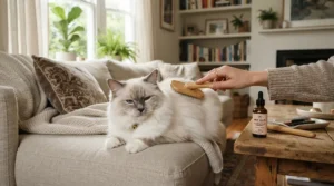 A Ragdoll cat with coarse fur benefiting from a nourishing cat conditioner for long-haired cats prone to matting.
