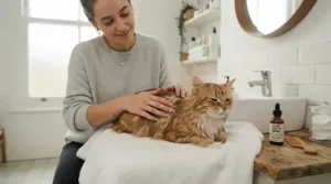 Using a leave-in cat conditioner for long-haired cats prone to matting after a bath to prevent future tangles.