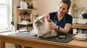A fluffy Persian cat receiving grooming with a cat conditioner for long-haired cats prone to matting in a sunlit room.