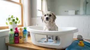 An affordable tub setup featuring cat shampoo and conditioner sets ready for bath time.