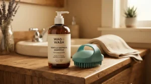 Safe, nourishing cat shampoo and conditioner sets displayed with grooming tools.