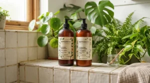 Large value packs of cat shampoo and conditioner sets lined up neatly in a laundry room.