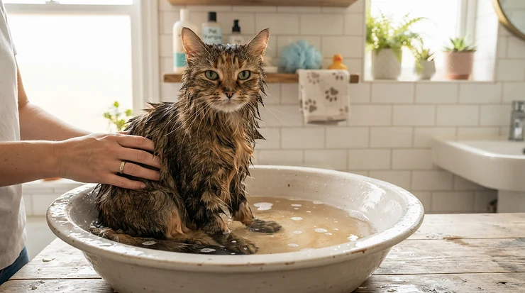 A fluffy tabby cat enjoying a gentle bath with deodorizing cat shampoo for smelly cats in a modern tiled bathroom