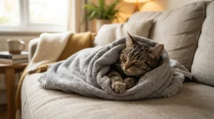 A relaxed feline wrapped in a cozy microfiber towel after using deodorizing cat shampoo for smelly cats
