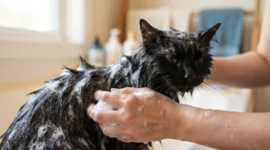 A rich lather of deodorizing cat shampoo for smelly cats being massaged into a short-haired rescue cat's fur