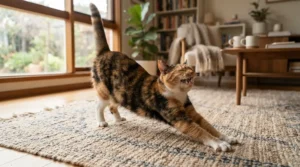 A happy calico cat smelling fresh after being washed with deodorizing cat shampoo for smelly cats