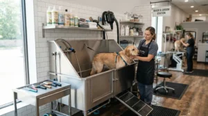 A professional grooming tub equipped with deodorizing cat shampoo for smelly cats in a sunny animal salon
