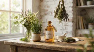 Natural botanical ingredients placed around a bottle of deodorizing cat shampoo for smelly cats on a rustic table