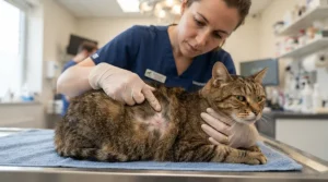 A veterinarian checking a cat's coat to see if odor stems from skin issues before applying deodorizing cat shampoo for smelly cats
