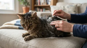 A person gently applying dry shampoo powder for greasy cat fur on a domestic feline relaxing indoors.