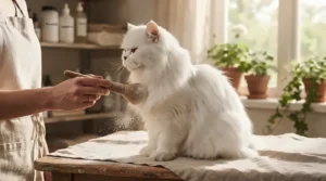 Using grease-absorbing dry shampoo powder for greasy cat fur on a long-haired Persian breed.
