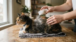 Dispensing dry shampoo powder for greasy cat fur from a shaker bottle during routine grooming.