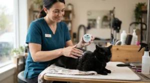 A nervous rescue feline relaxing as a volunteer uses dry shampoo powder for greasy cat fur.