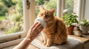 Refreshing a warm-weather coat using dry shampoo powder for greasy cat fur on the back.