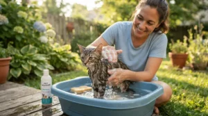 A tabby feline receiving a soothing bath with flea shampoo for outdoor cats in a suburban backyard setup.