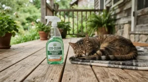 Bottle of natural flea shampoo for outdoor cats placed next to a fluffy cat relaxing on a wooden porch deck.