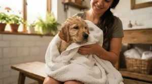 A fluffy feline wrapped in a cozy towel after being treated with flea shampoo for outdoor cats.