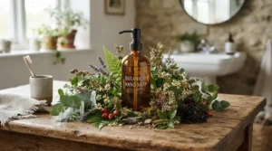 Safe botanical elements arranged around flea shampoo for outdoor cats to highlight gentle, non-toxic care.
