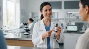 Veterinarian recommending a bottle of vet-approved flea shampoo for outdoor cats in a bright clinic office.