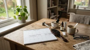 A calendar checklist next to gentle kitten shampoo for first bath, showing when young pets are ready.