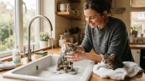 Using gentle kitten shampoo for first bath in a warm, shallow kitchen sink with a nervous calico kitten.