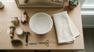 A flat lay of gentle kitten shampoo for first bath supplies, including a soft towel and small basin on a bathroom counter.