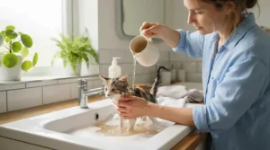 Rinsing soapy suds away gently during a kitten's first bath using a small pitcher of warm water.