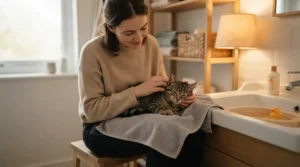 Calming an anxious pet before applying gentle kitten shampoo for first bath in a cozy bathroom.