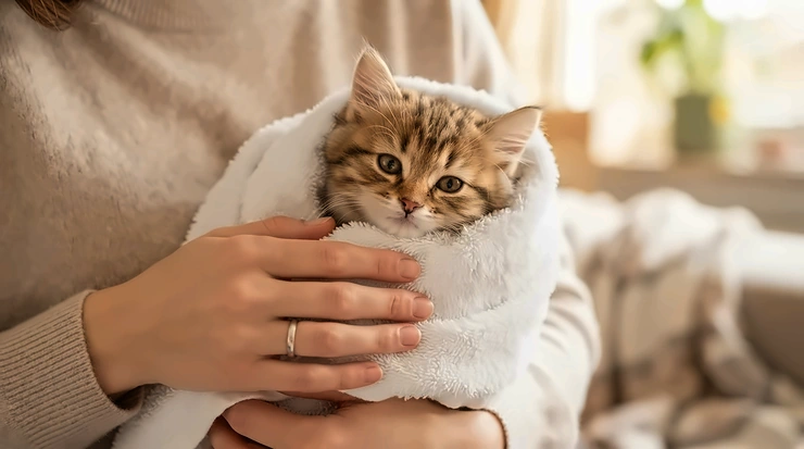 Wrapping a fluffy kitten in a cozy towel after using gentle kitten shampoo for first bath.