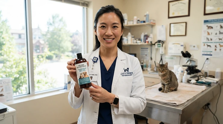 A veterinarian discussing skin allergies in cats while holding hypoallergenic cat shampoo for sensitive skin