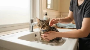 A calm cat receiving a gentle bath with hypoallergenic cat shampoo for sensitive skin in a bright bathroom sink