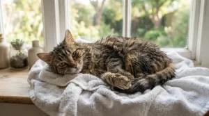 A fluffy tabby cat resting after being washed with hypoallergenic cat shampoo for sensitive skin to treat dry skin
