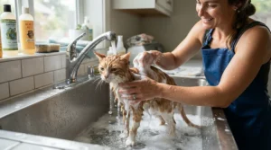 A gentle, fragrance-free hypoallergenic cat shampoo for sensitive skin being used on a shorthair cat