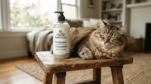 A bottle of colloidal oatmeal based hypoallergenic cat shampoo for sensitive skin sitting next to a relaxed cat
