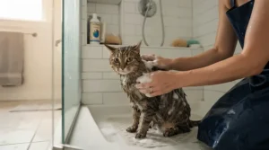 A soap-free hypoallergenic cat shampoo for sensitive skin creating mild lather on a nervous cat