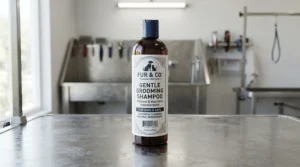 A vet-recommended hypoallergenic cat shampoo for sensitive skin displayed proudly on a clean grooming table