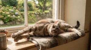 A clean and happy elderly cat waking up from a nap after a refreshing session with no-rinse foam shampoo for senior cats.